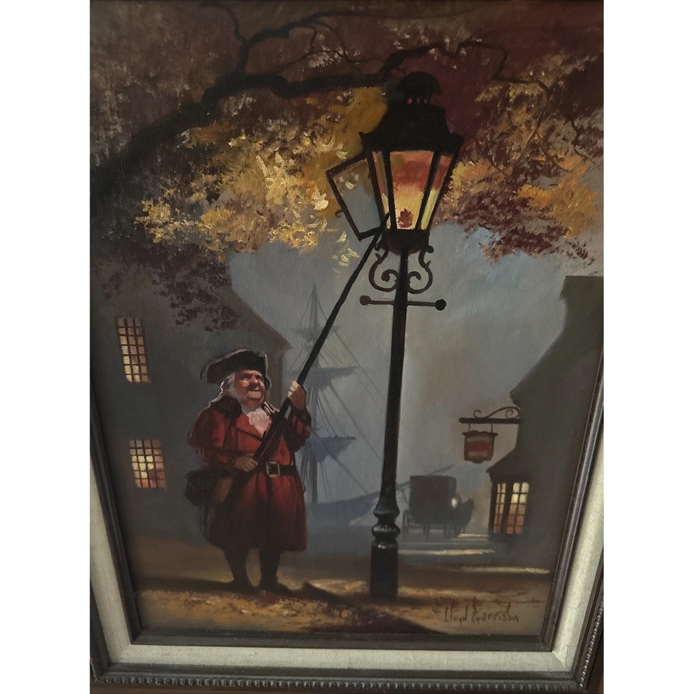 Original Lloyd garrison - oil painting Colonial  Lamplighter Scene 12x16